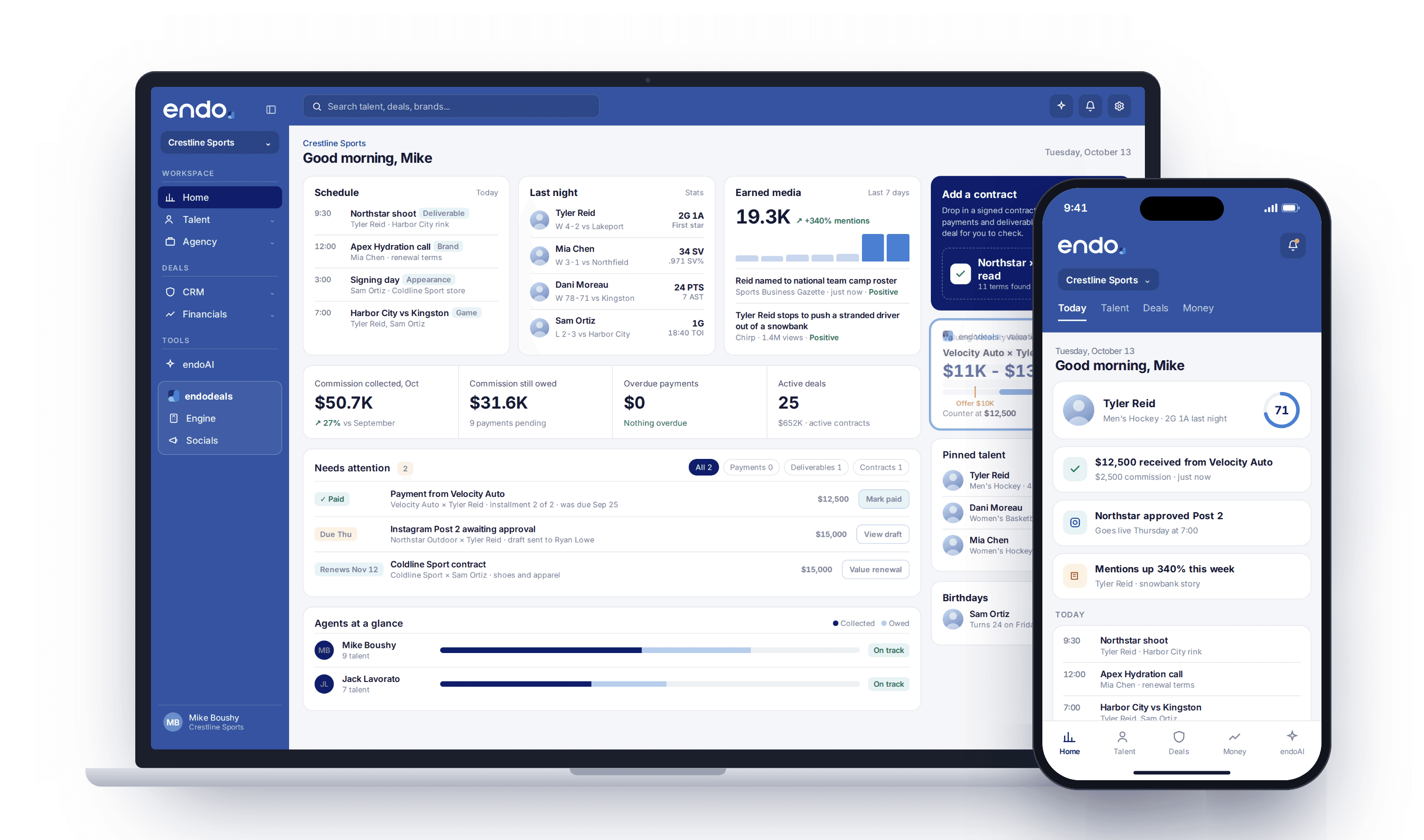 endo on a laptop and a phone: the agency home dashboard with the day's schedule, earned media, commissions and deals needing attention, and the mobile app's Today view